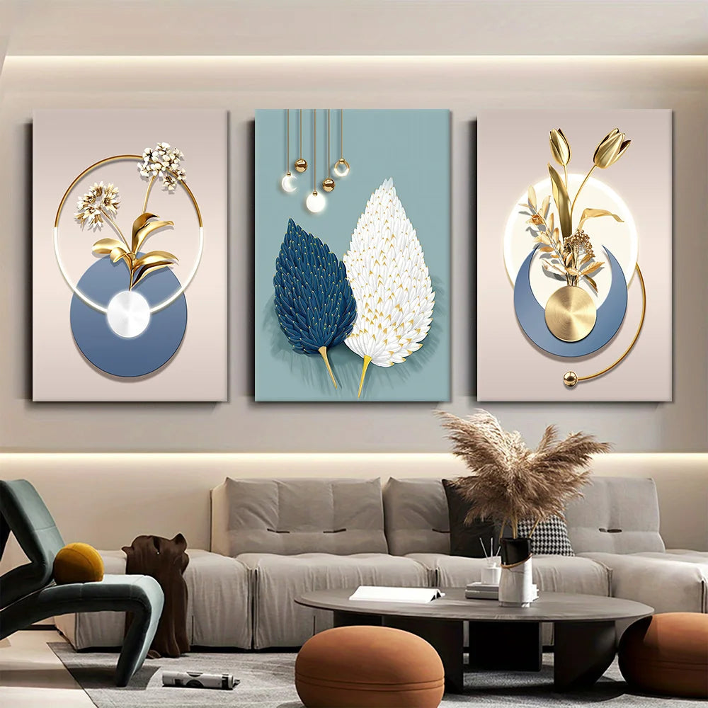2D Flat 3pcs Set Modern Luxury Golden Flower Canvas Wall Art | No Frame Circular LED Lighted Painting, Minimalist Home Decor