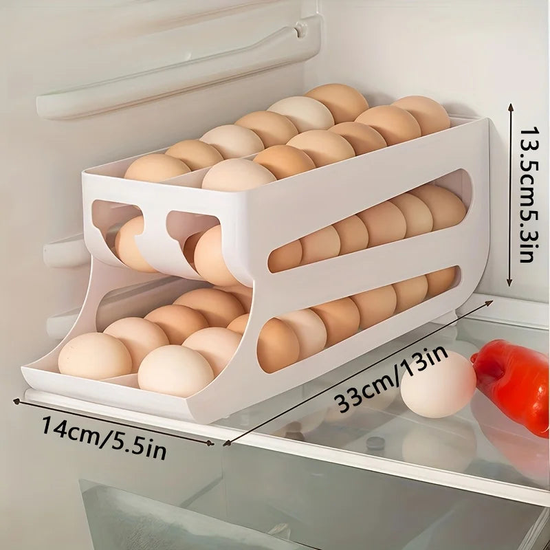 3-Tier Double-Row 30-Egg Auto Sliding Egg Storage Box, Refrigerator Rolling Rack, Space-Saving For Countertop Cabinet