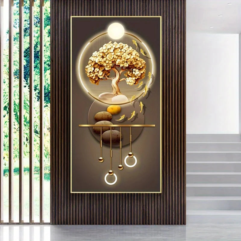 1pc Modern Abstract Canvas Art Print - Golden Tree with Illuminated Sphere, Fish School, Stones & Circular Motifs, Large Fram