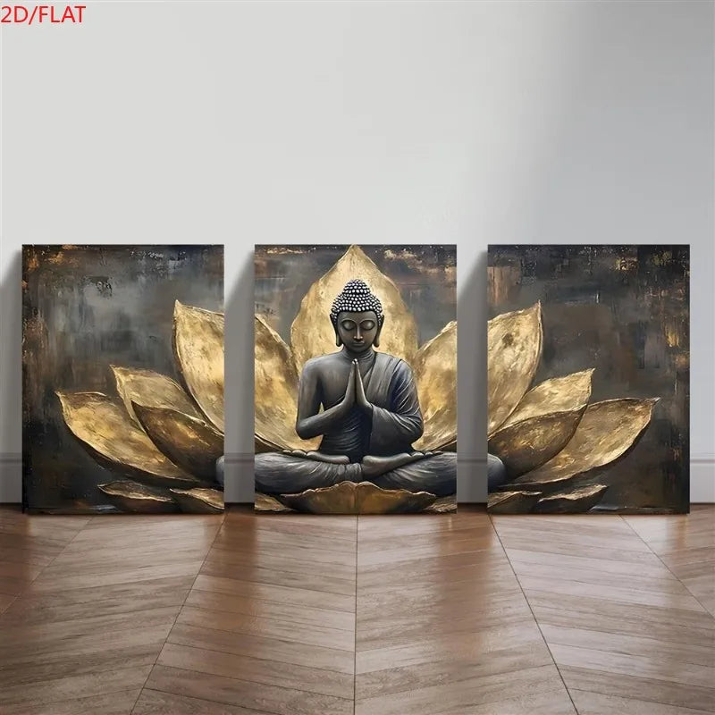 2D/FLAT 3pcs Set of Golden for Lotus Buddha Art Canvas Paintings, Religious Abstract Wall Art, Buddhist Painting, Vintage Bud
