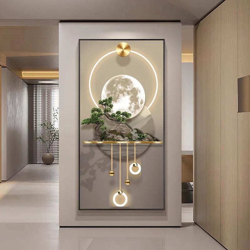 1pc Frameless Modern Abstract Wall Art - Large 70.0x140.0 cm Light Luxury Canvas Painting with Golden Accents, Moon & Botanic