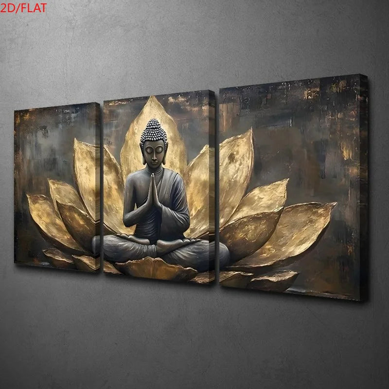 2D/FLAT 3pcs Set of Golden for Lotus Buddha Art Canvas Paintings, Religious Abstract Wall Art, Buddhist Painting, Vintage Bud