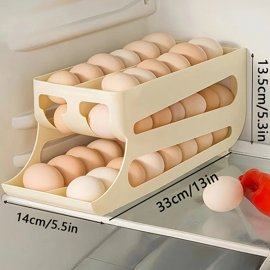 3-Tier Double-Row 30-Egg Auto Sliding Egg Storage Box, Refrigerator Rolling Rack, Space-Saving For Countertop Cabinet