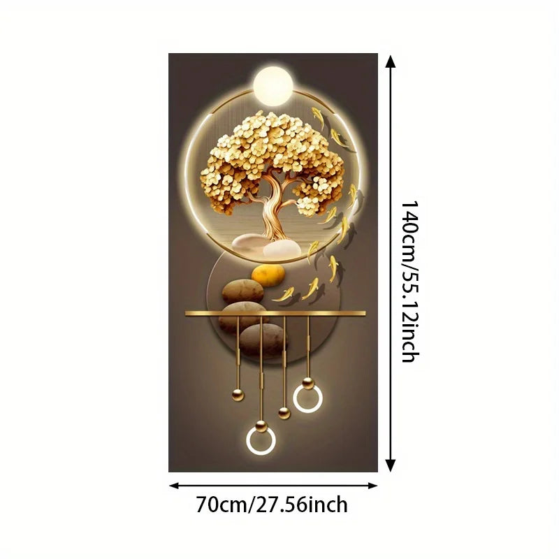 1pc Modern Abstract Canvas Art Print - Golden Tree with Illuminated Sphere, Fish School, Stones & Circular Motifs, Large Fram
