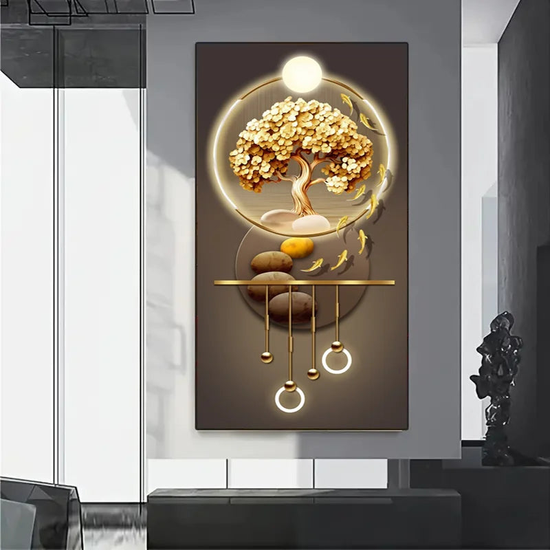 1pc Modern Abstract Canvas Art Print - Golden Tree with Illuminated Sphere, Fish School, Stones & Circular Motifs, Large Fram