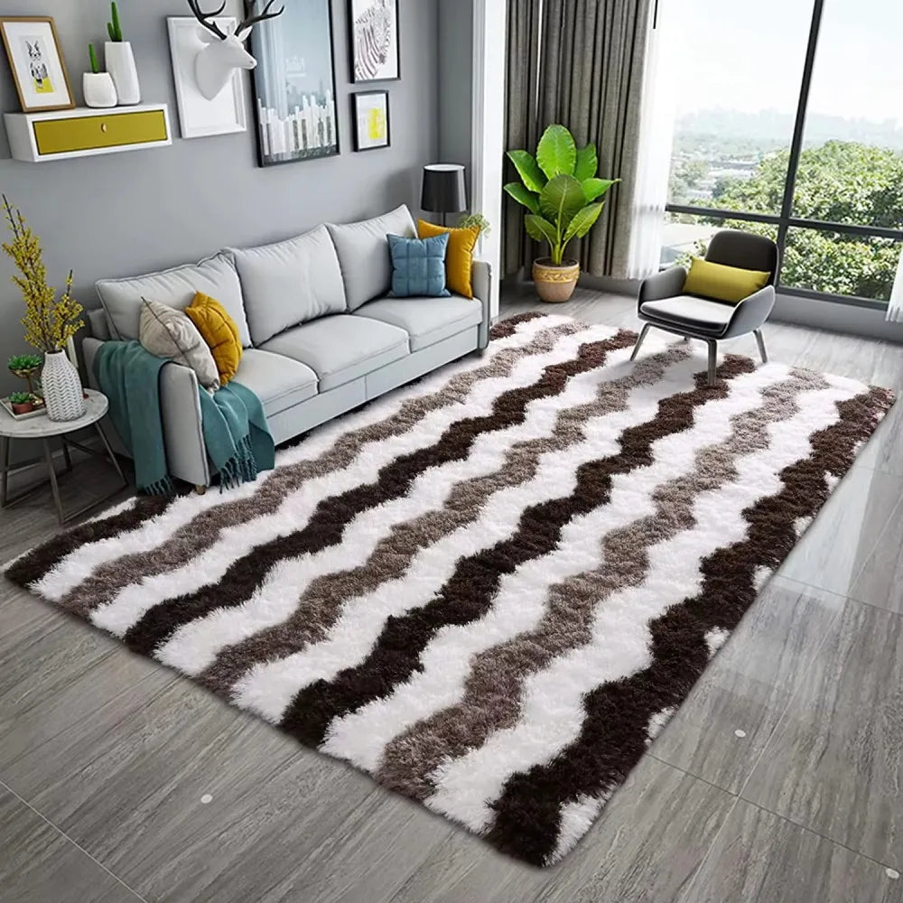 VIKAMA Plush Wave Pattern Carpet Living Room Bedroom Bedside Rug Soft Warm Three Colours Patchwork Home Decor Carpet