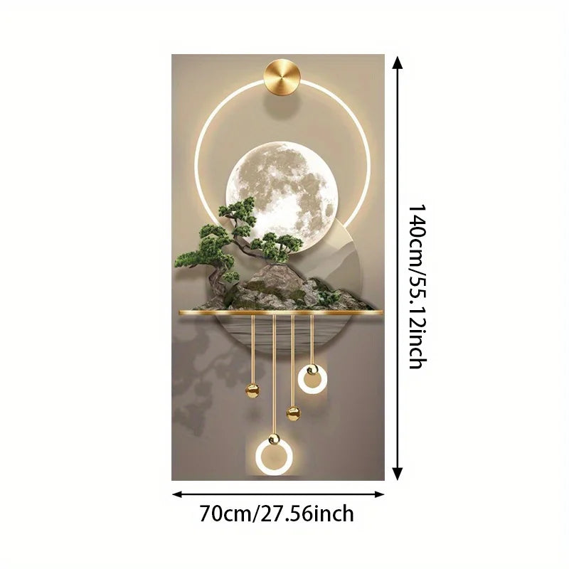 1pc Frameless Modern Abstract Wall Art - Large 70.0x140.0 cm Light Luxury Canvas Painting with Golden Accents, Moon & Botanic