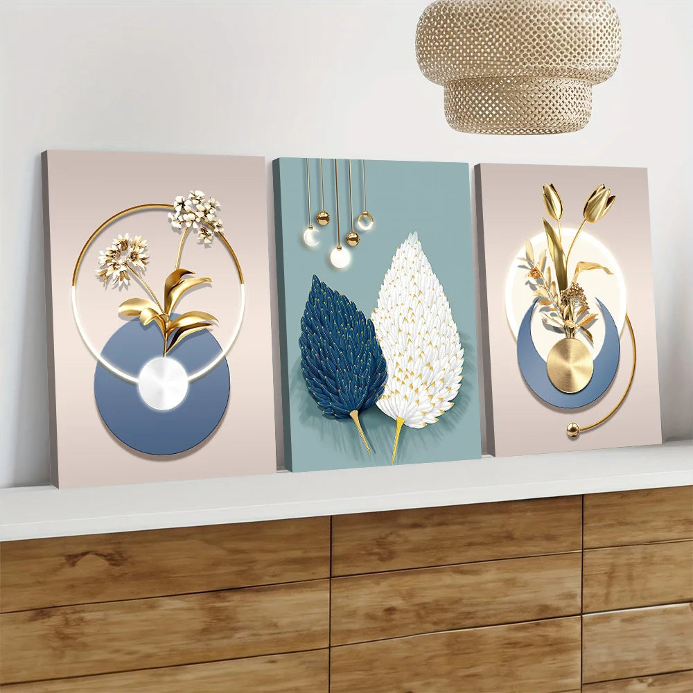 2D Flat 3pcs Set Modern Luxury Golden Flower Canvas Wall Art | No Frame Circular LED Lighted Painting, Minimalist Home Decor
