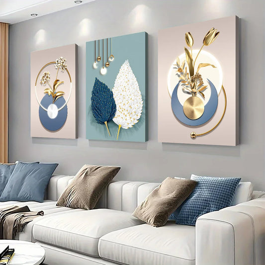 2D Flat 3pcs Set Modern Luxury Golden Flower Canvas Wall Art | No Frame Circular LED Lighted Painting, Minimalist Home Decor