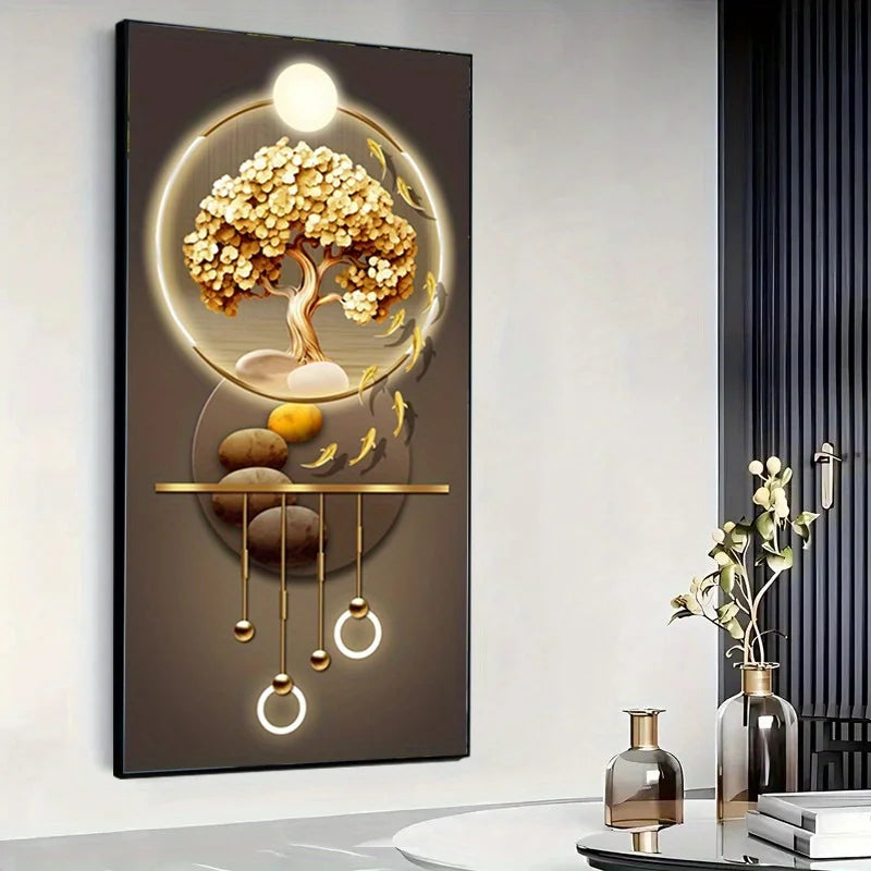 1pc Modern Abstract Canvas Art Print - Golden Tree with Illuminated Sphere, Fish School, Stones & Circular Motifs, Large Fram