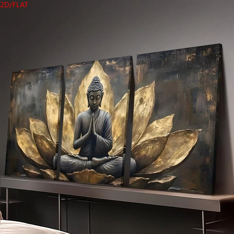 2D/FLAT 3pcs Set of Golden for Lotus Buddha Art Canvas Paintings, Religious Abstract Wall Art, Buddhist Painting, Vintage Bud