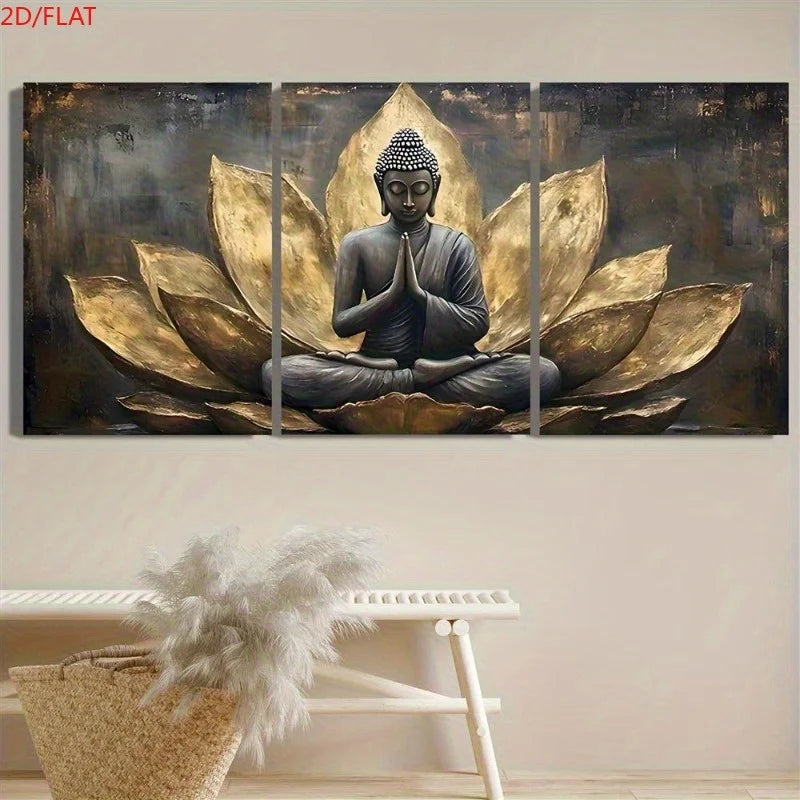 2D/FLAT 3pcs Set of Golden for Lotus Buddha Art Canvas Paintings, Religious Abstract Wall Art, Buddhist Painting, Vintage Bud