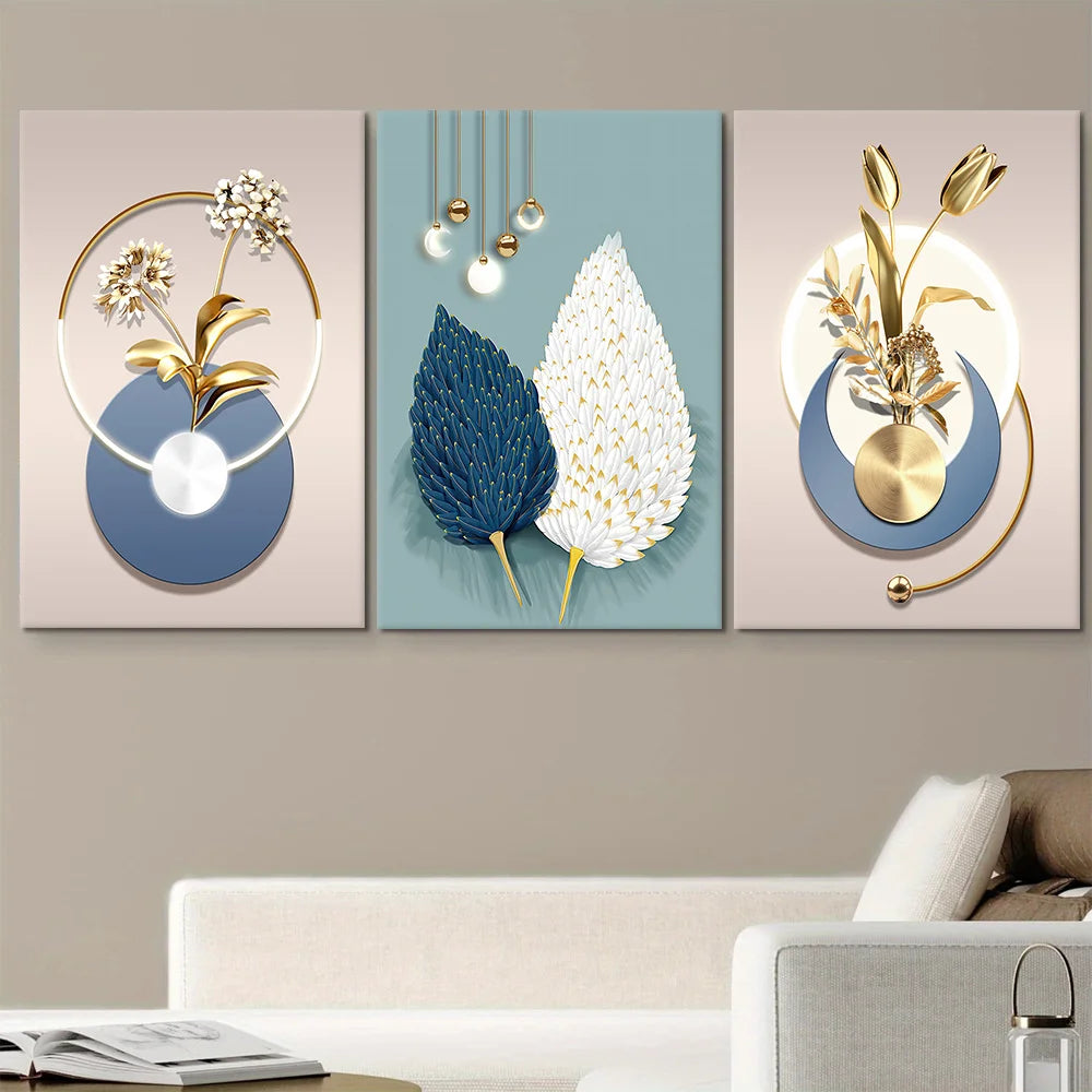2D Flat 3pcs Set Modern Luxury Golden Flower Canvas Wall Art | No Frame Circular LED Lighted Painting, Minimalist Home Decor