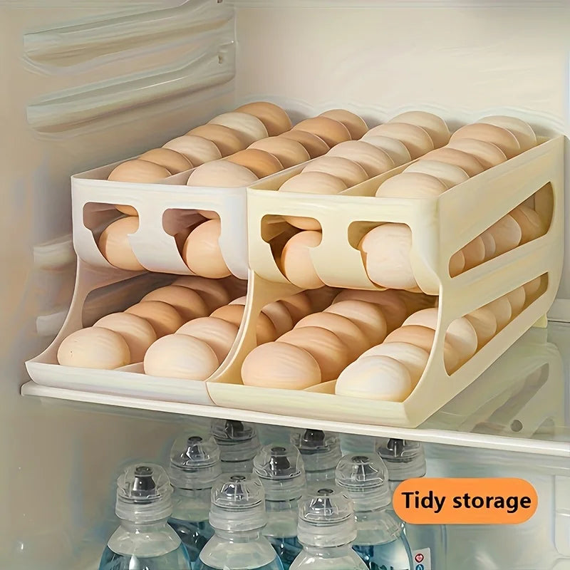 3-Tier Double-Row 30-Egg Auto Sliding Egg Storage Box, Refrigerator Rolling Rack, Space-Saving For Countertop Cabinet