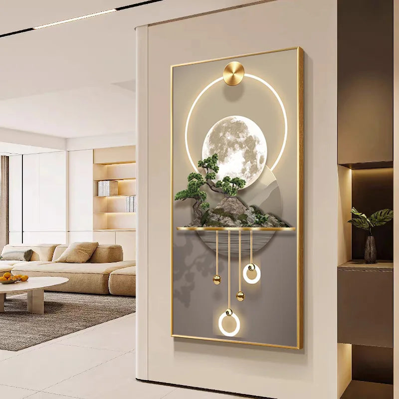 1pc Frameless Modern Abstract Wall Art - Large 70.0x140.0 cm Light Luxury Canvas Painting with Golden Accents, Moon & Botanic