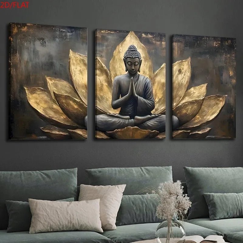 2D/FLAT 3pcs Set of Golden for Lotus Buddha Art Canvas Paintings, Religious Abstract Wall Art, Buddhist Painting, Vintage Bud