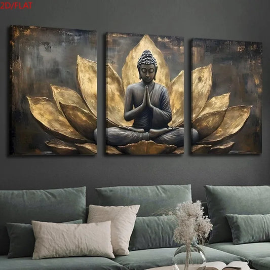 2D/FLAT 3pcs Set of Golden for Lotus Buddha Art Canvas Paintings, Religious Abstract Wall Art, Buddhist Painting, Vintage Bud