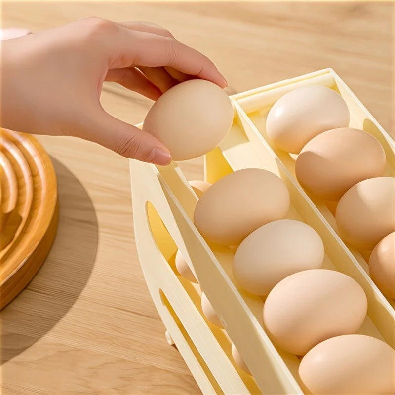 3-Tier Double-Row 30-Egg Auto Sliding Egg Storage Box, Refrigerator Rolling Rack, Space-Saving For Countertop Cabinet