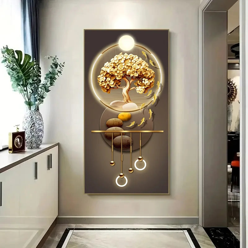 1pc Modern Abstract Canvas Art Print - Golden Tree with Illuminated Sphere, Fish School, Stones & Circular Motifs, Large Fram