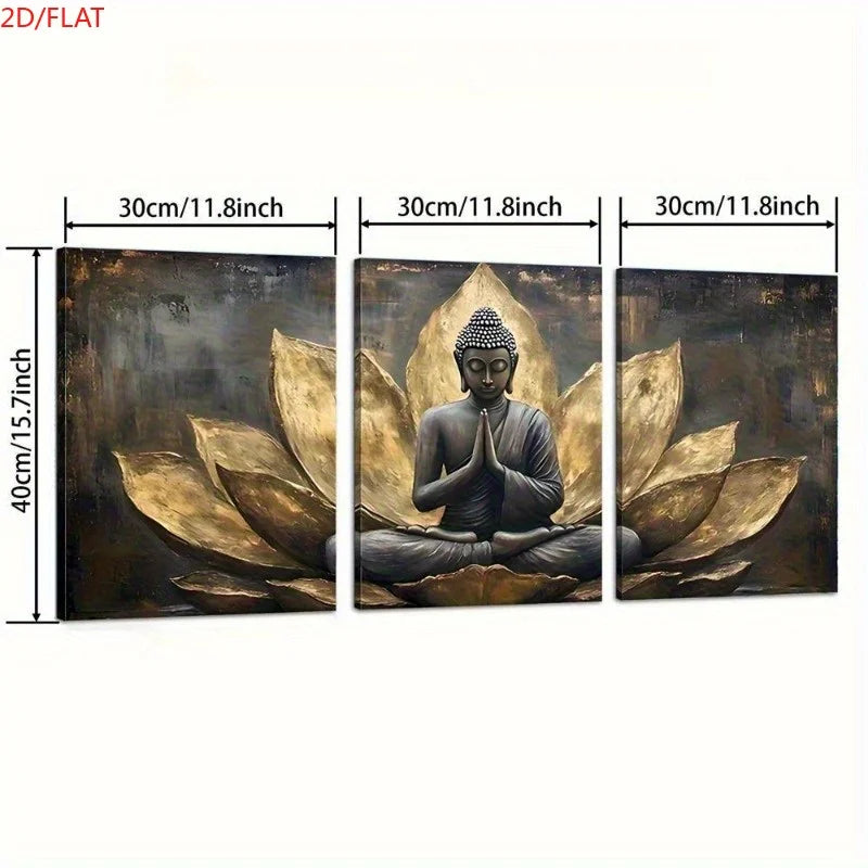 2D/FLAT 3pcs Set of Golden for Lotus Buddha Art Canvas Paintings, Religious Abstract Wall Art, Buddhist Painting, Vintage Bud