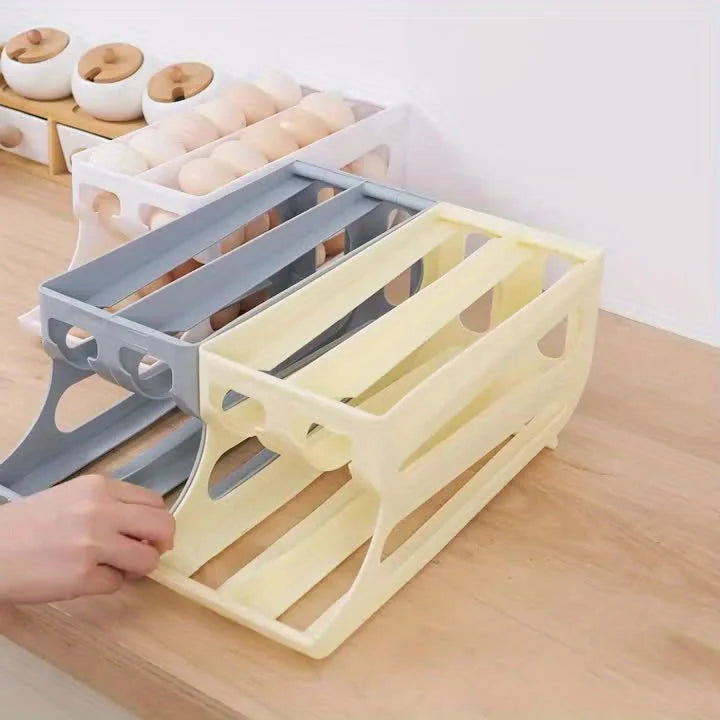 3-Tier Double-Row 30-Egg Auto Sliding Egg Storage Box, Refrigerator Rolling Rack, Space-Saving For Countertop Cabinet