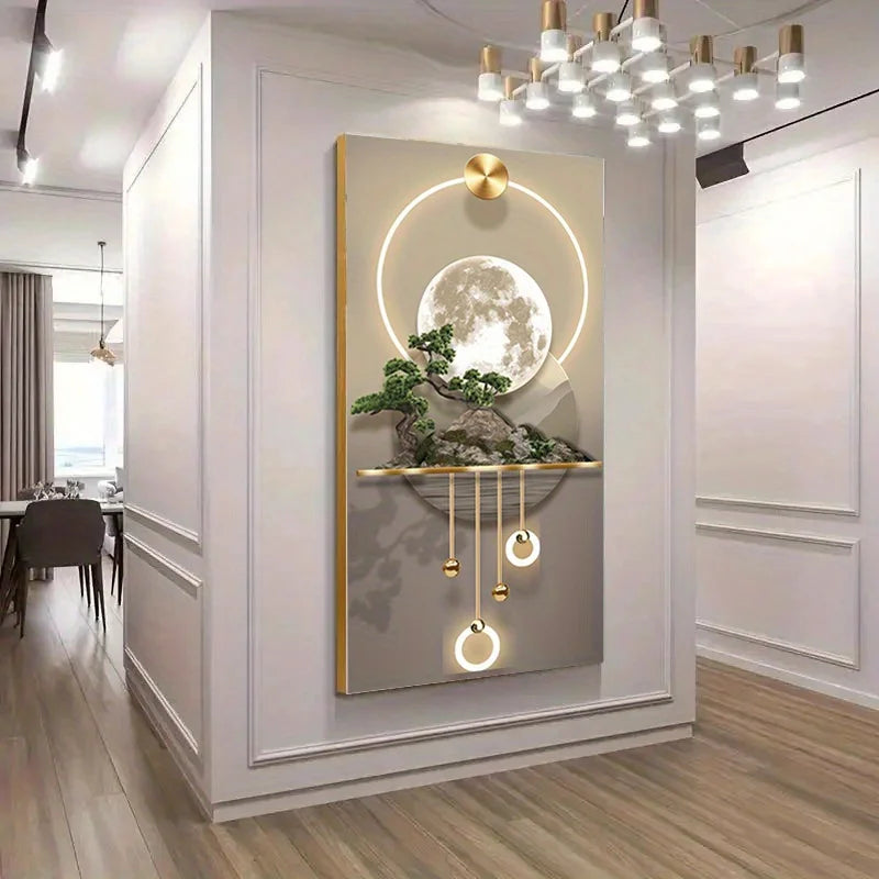 1pc Frameless Modern Abstract Wall Art - Large 70.0x140.0 cm Light Luxury Canvas Painting with Golden Accents, Moon & Botanic